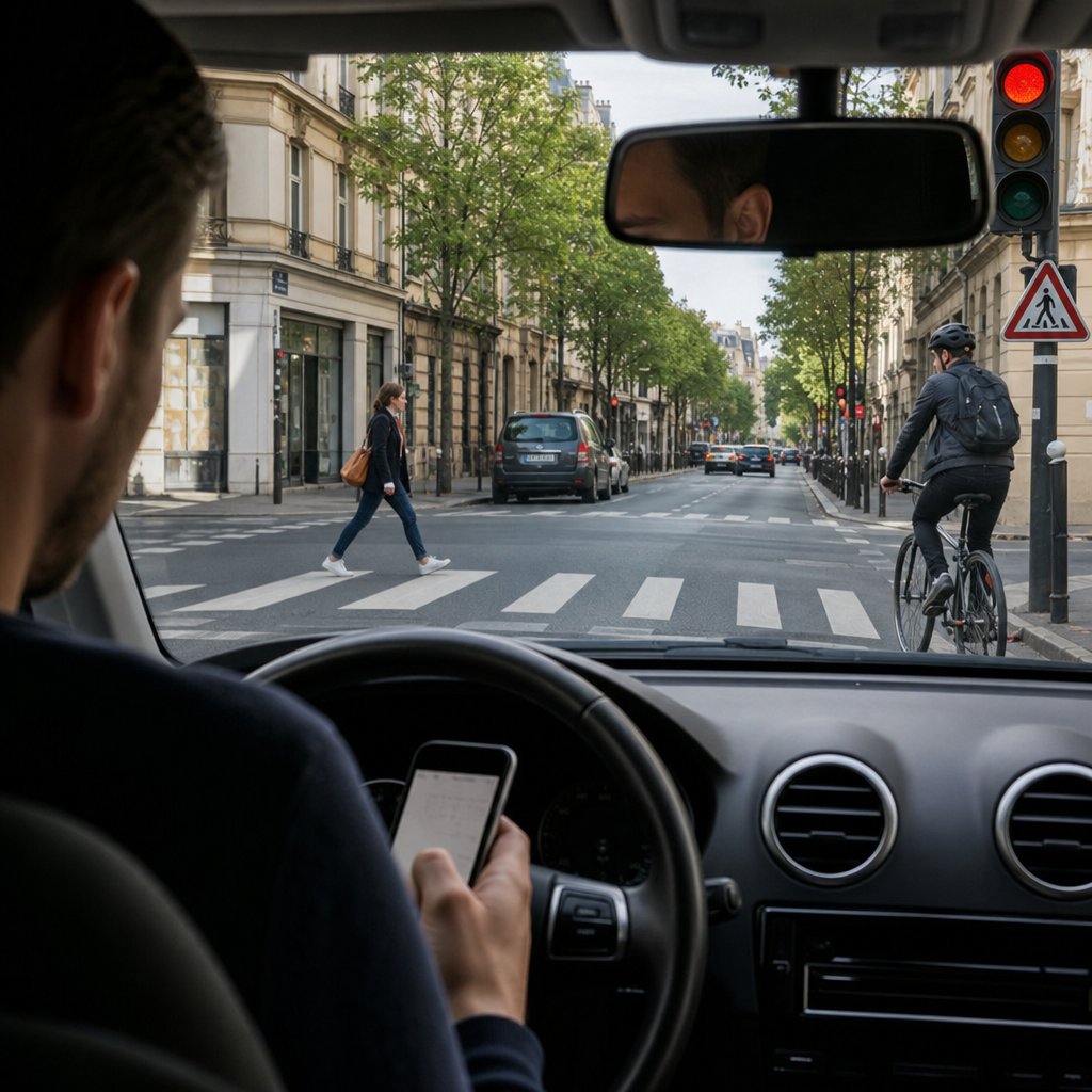 conducteur au volant en agglomération française, regard détourné vers un smartphone tenu en main, passage piéton devant le véhicule, cycliste sur le côté, feu tricolore visible, scène réaliste montrant le danger de la distraction