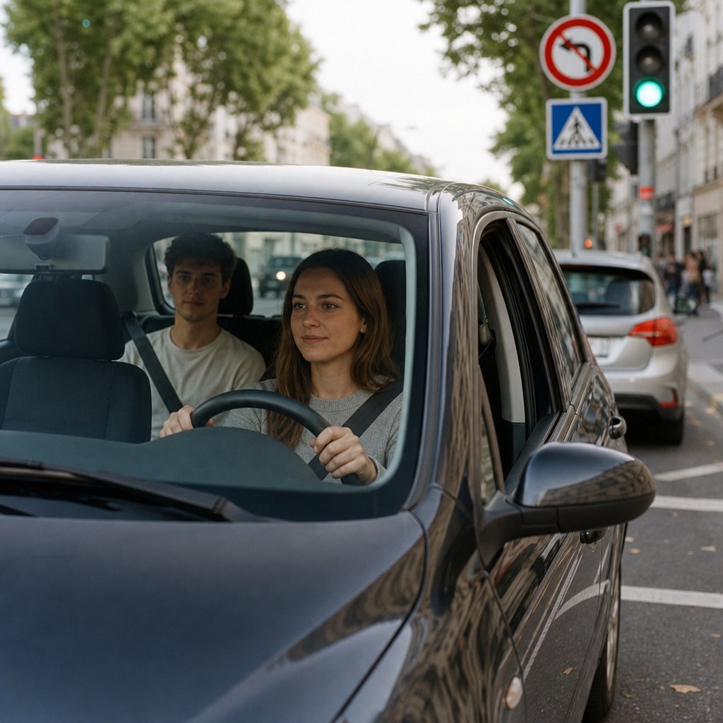 intérieur d'une voiture vu de trois quarts avant, conducteur correctement attaché, sangle diagonale sur l'épaule et sangle ventrale sur le bassin, passager arrière également attaché, contexte réaliste de circulation urbaine française
