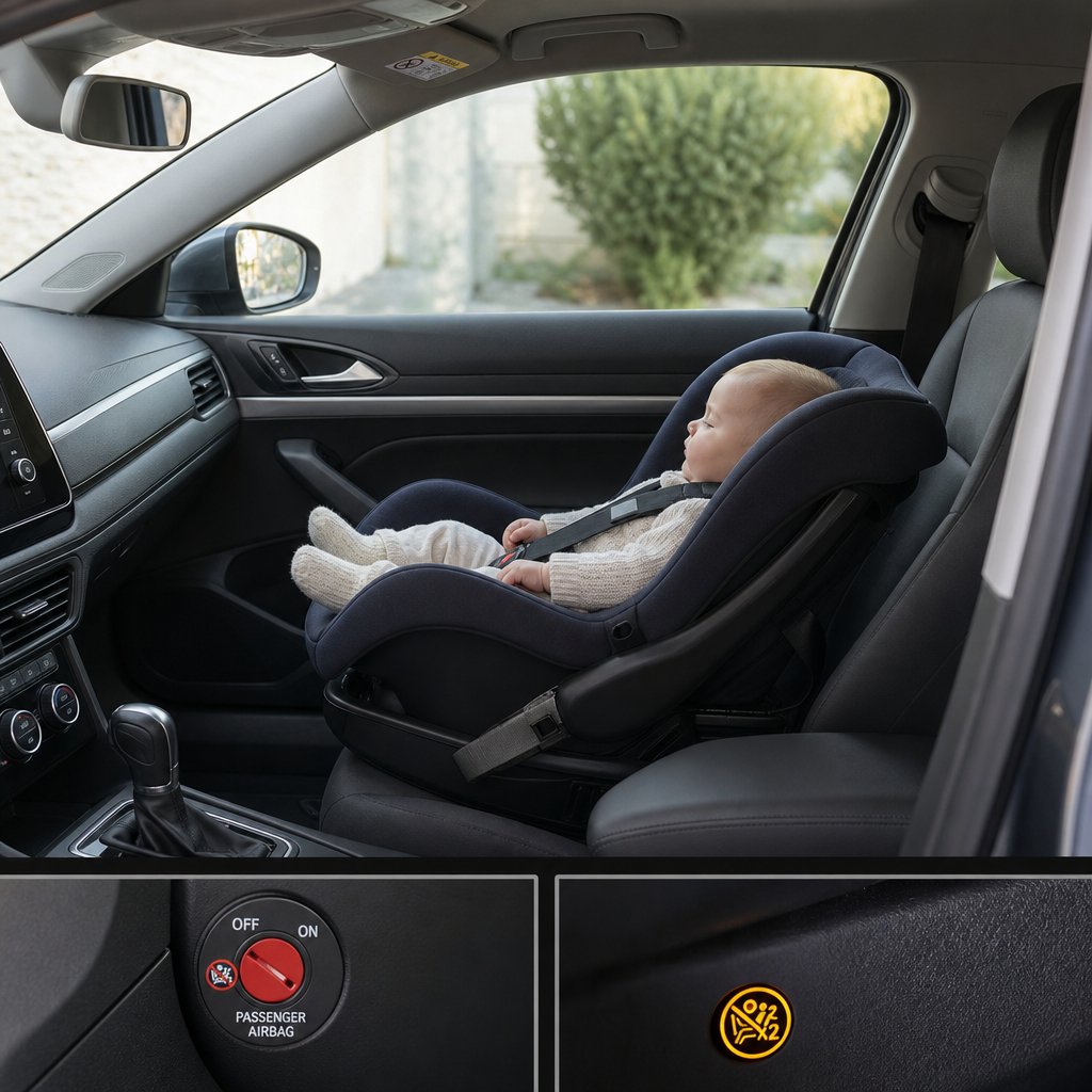siège enfant dos à la route installé à l'avant d'une voiture française, airbag passager clairement désactivé par voyant ou commande, vue intérieure pédagogique montrant la bonne installation sans texte ajouté