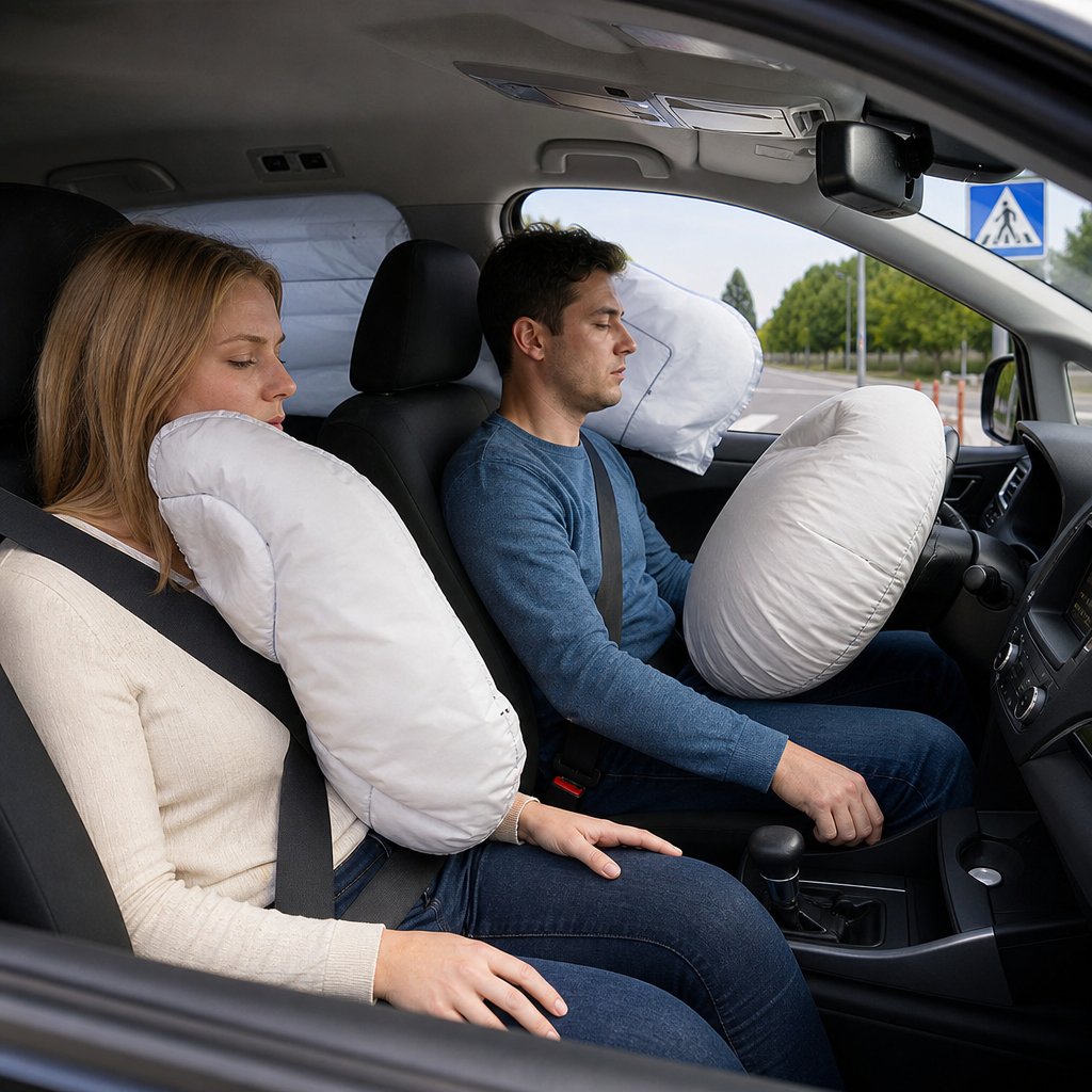 intérieur d'une voiture moderne vue trois-quarts avant, conducteur et passager attachés, airbags frontaux et latéraux déployés après un choc simulé, ceintures bien positionnées, habitacle réaliste, contexte pédagogique automobile français