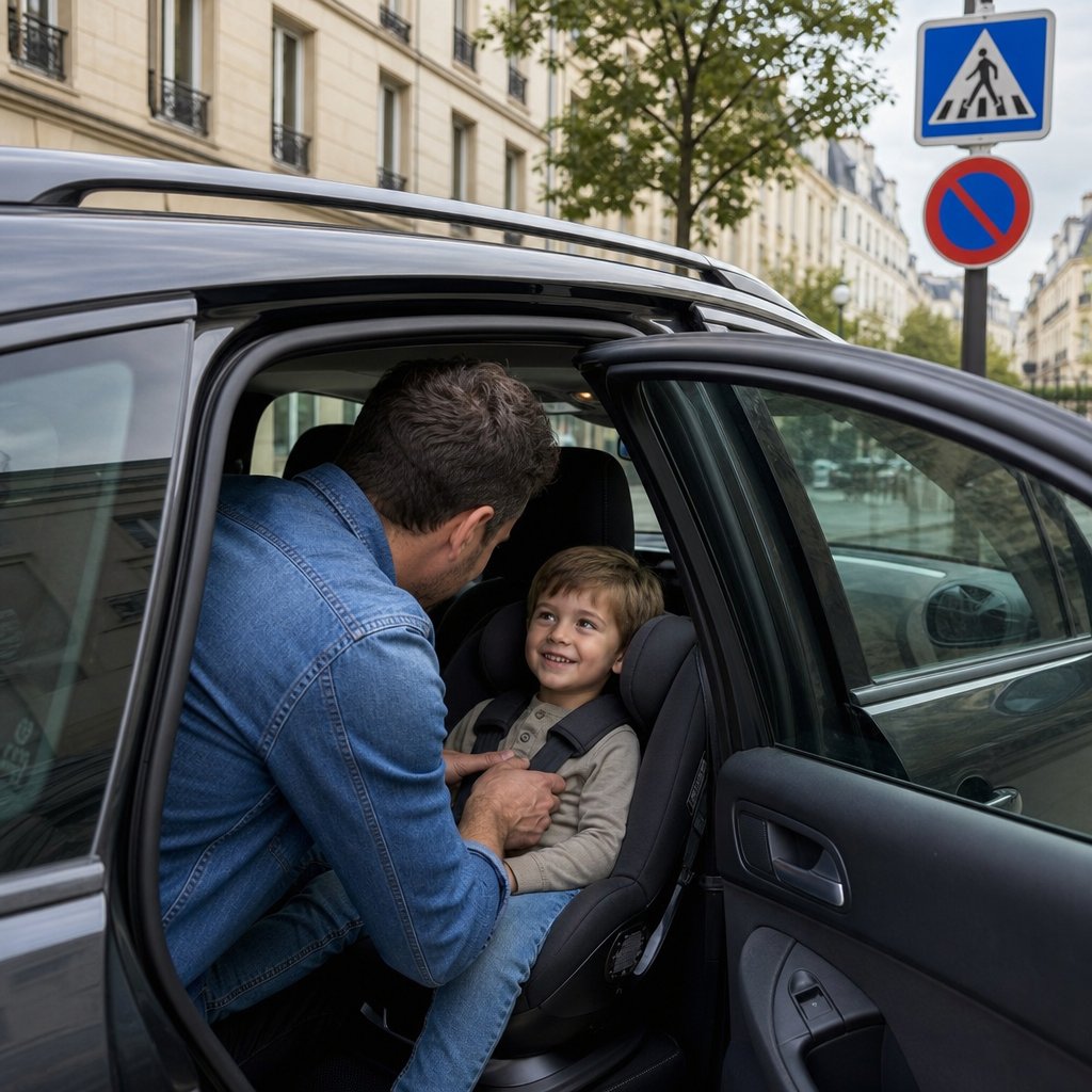 conducteur à l'arrêt sur une place de stationnement, vérifiant qu'un enfant est correctement installé dans un siège auto arrière avec harnais serré, angle depuis la porte arrière ouverte, voiture familiale, environnement urbain français réaliste