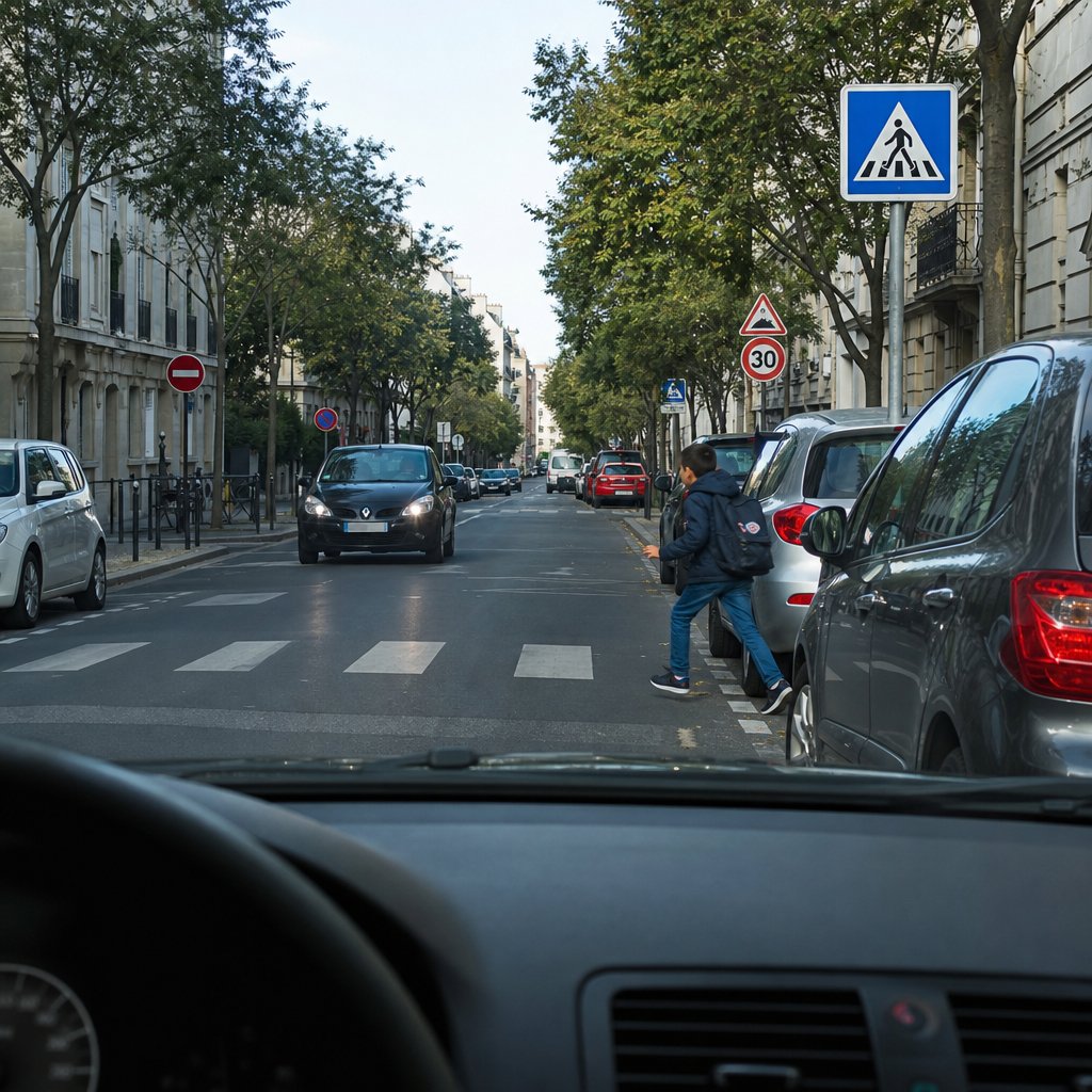 vue de conducteur en ville française, enfant apparaissant entre voitures stationnées, passage piéton proche, voiture en mouvement, perception du danger avant freinage