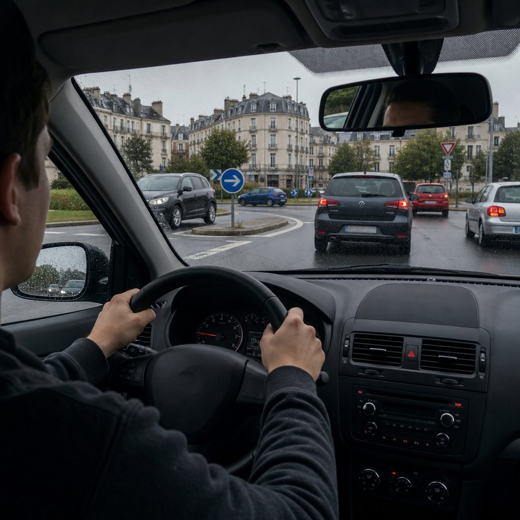 jeune conducteur français au volant dans un rond-point urbain chargé, trafic dense, pluie légère, mains crispées sur le volant, rétroviseurs visibles, environnement réaliste