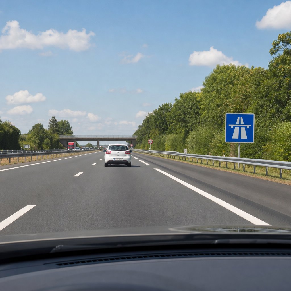 autoroute française vue avant, deux voitures espacées correctement, repères visuels permettant d'illustrer les 2 secondes, conditions normales de circulation, perspective claire