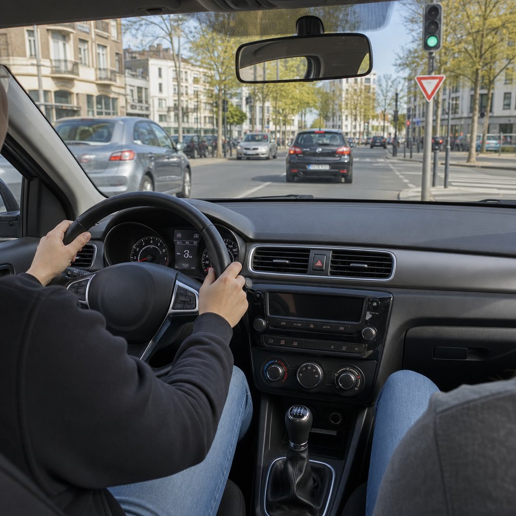 intérieur d’une voiture école française, vue conducteur sur levier de vitesses manuel, tableau de bord avec compte-tours visible, circulation urbaine fluide devant, mains en position de conduite, scène réaliste de formation au permis B