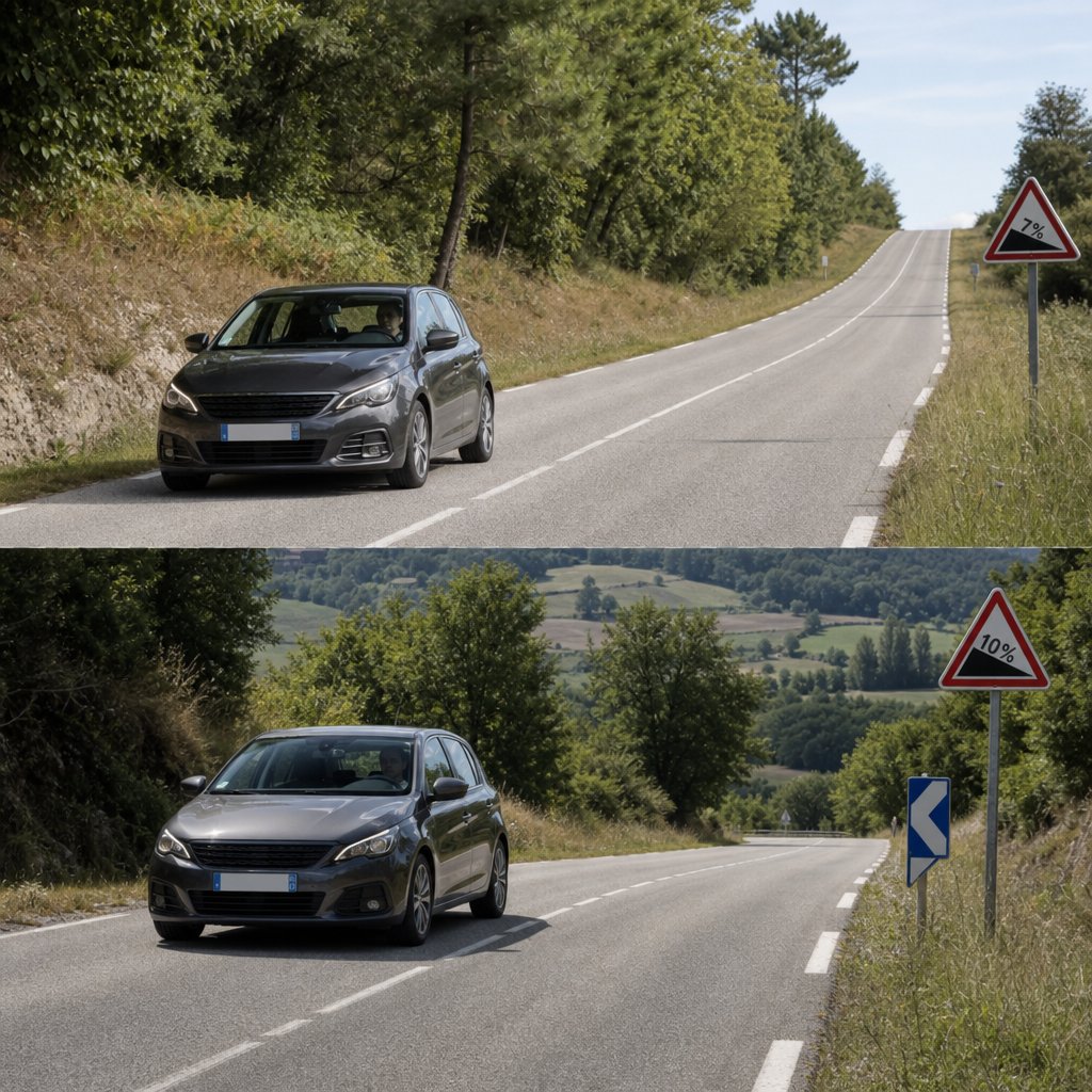 voiture de tourisme sur route départementale française légèrement vallonnée, vue extérieure trois-quarts avant, environnement calme, conducteur en situation réelle de montée puis descente, accent sur contexte routier utile pour expliquer rétrogradage et frein moteur