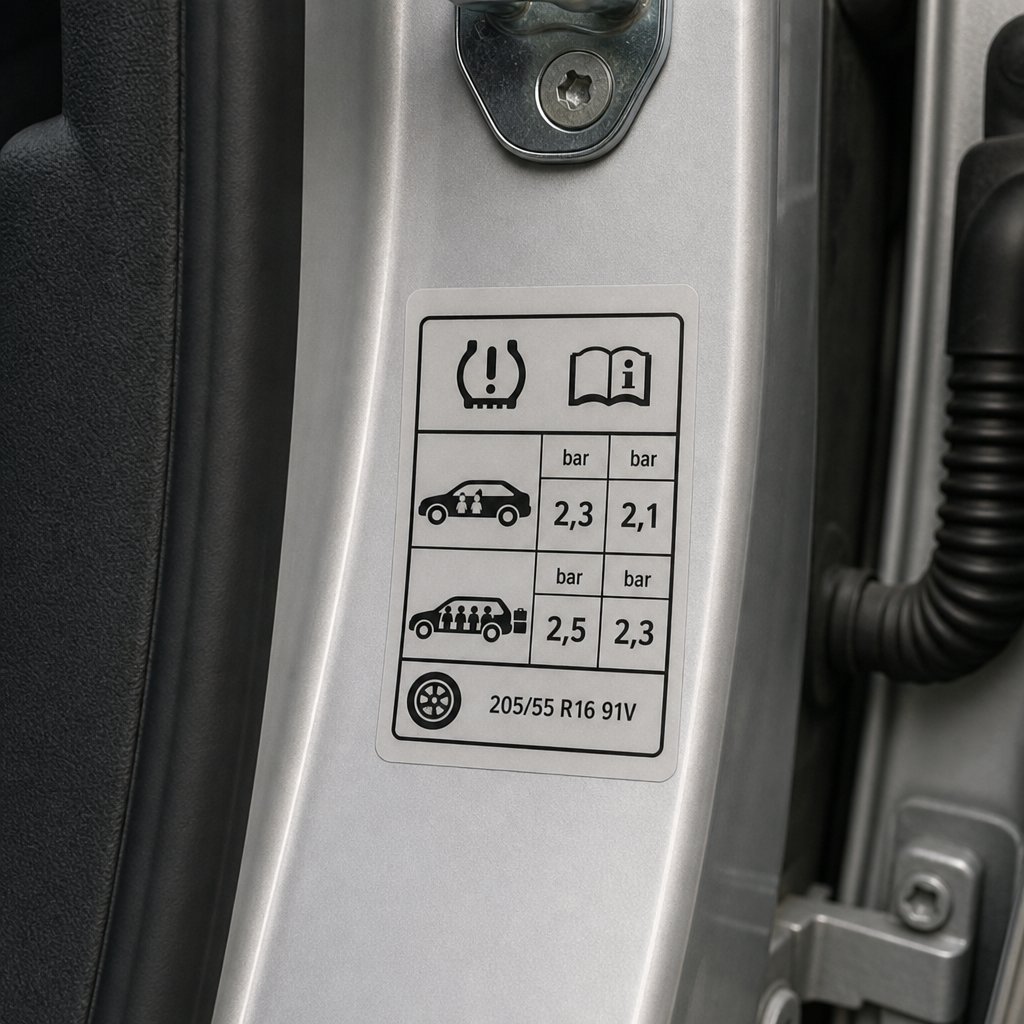 vue rapprochée de l’étiquette constructeur de pression des pneus sur l’encadrement d’une portière conducteur, avec pictogrammes de voiture peu chargée et chargée, valeurs avant/arrière visibles, environnement neutre de véhicule particulier utilisé en France