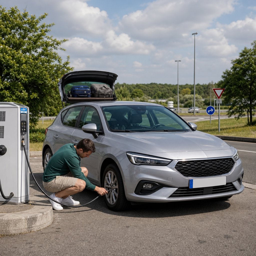 voiture particulière française vue trois-quarts avant sur aire de service d’autoroute, conducteur vérifiant la pression d’un pneu avec borne de gonflage, coffre chargé pour départ en vacances, contexte réaliste et pédagogique sans texte