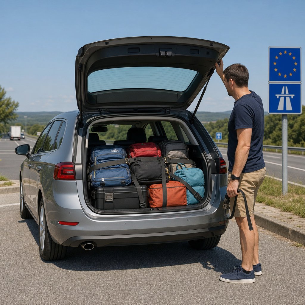 voiture particulière vue trois quarts arrière sur une aire de départ en France, coffre chargé correctement avec objets lourds au fond, sacs légers au-dessus, aucun objet sur la plage arrière, conducteur vérifiant la visibilité et les sangles, ambiance réaliste de départ en vacances