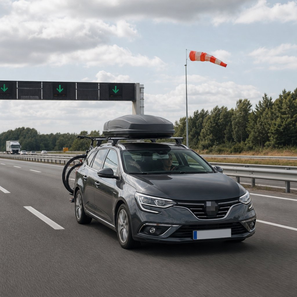 voiture familiale française circulant sur autoroute par vent latéral léger, équipée d’un coffre de toit et d’un porte-vélos arrière, angle trois quarts avant, conducteur gardant ses distances, paysage d’autoroute française avec glissières et marquages réglementaires, image pédagogique sur l’effet de l’aérodynamique