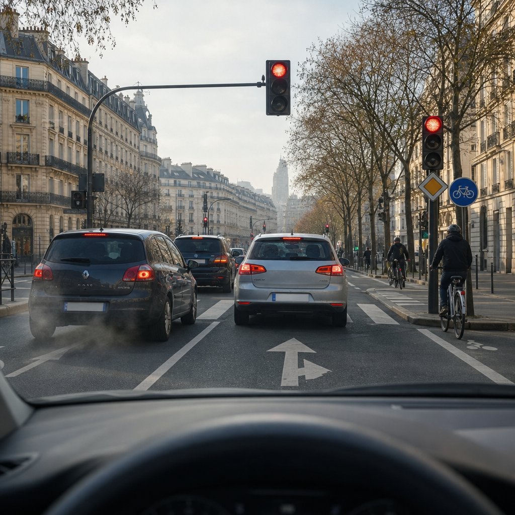 Circulation urbaine française dense avec plusieurs voitures à un feu rouge, une voiture ralentissant en douceur, cyclistes sur le côté, légère brume de pollution au-dessus de la chaussée, vue à hauteur de conducteur, marquages au sol urbains visibles, scène réaliste montrant l'intérêt de l'anticipation et de l'éco-conduite