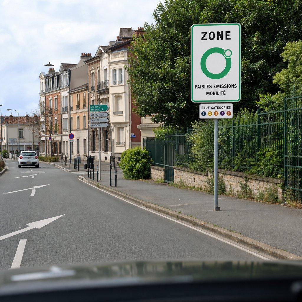 Panneau officiel français de zone à faibles émissions en entrée d'agglomération, bord de route urbain, vue frontale légèrement de biais depuis une voiture arrivant à l'entrée de la zone, bâtiments de ville en arrière-plan, chaussée française avec marquage au sol, scène claire pour reconnaître la signalisation