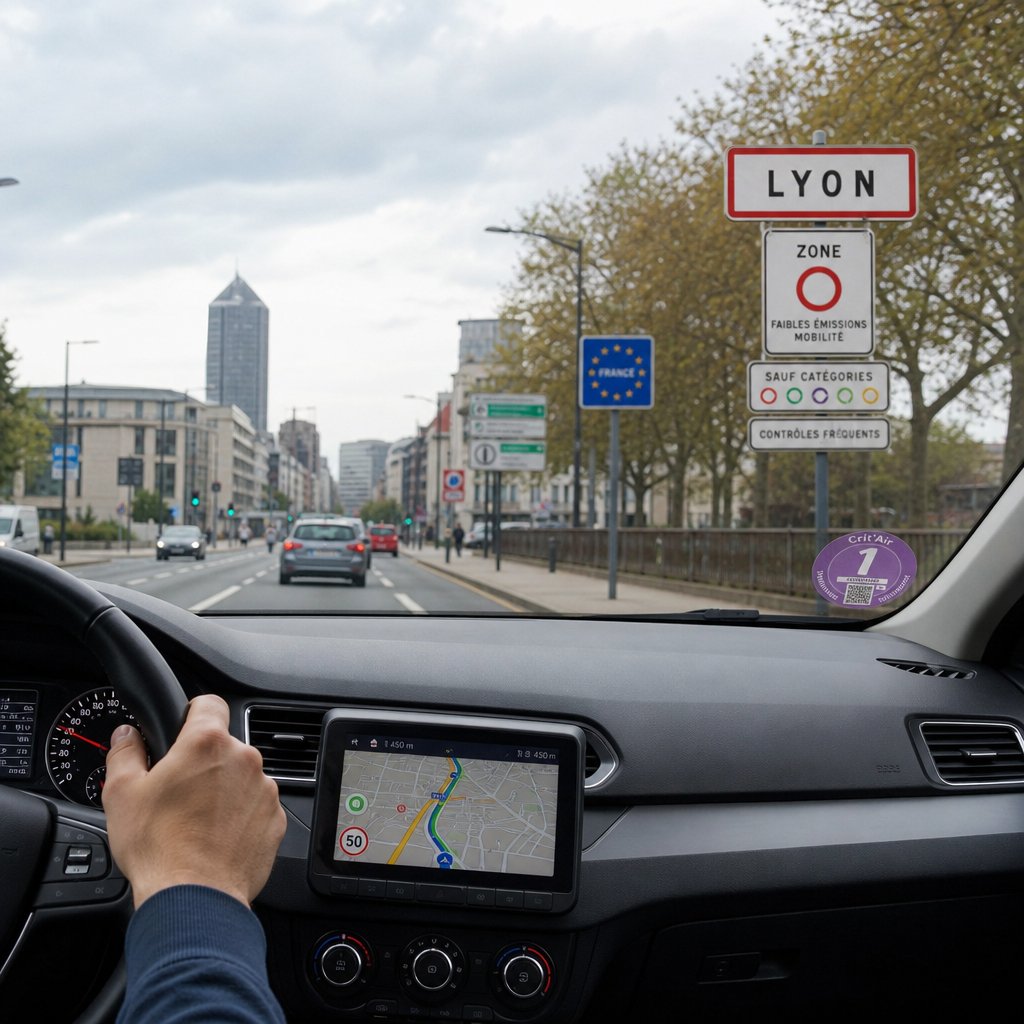 Vue depuis l'intérieur d'une voiture en approche d'une grande ville française, vignette Crit'Air visible sur le pare-brise, GPS affichant un itinéraire urbain, circulation modérée, panneaux routiers d'agglomération et environnement urbain réaliste, angle conducteur pour illustrer la vérification avant entrée en ZFE