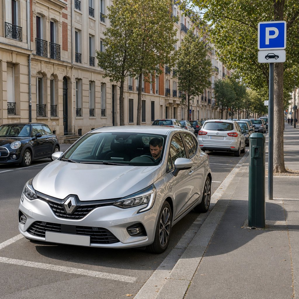 voiture arrêtée en zone urbaine française sur une place autorisée, conducteur coupant le contact, environnement calme avec immeubles, trottoir et autres véhicules stationnés, vue trois-quarts avant, situation pédagogique montrant un arrêt prolongé sans circulation immédiate
