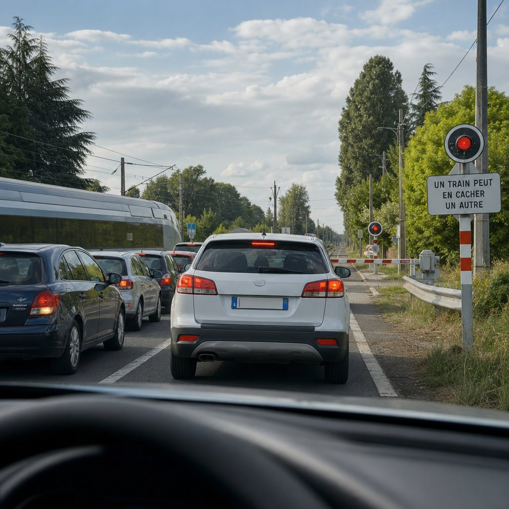 file de voitures immobilisées devant un passage à niveau français fermé, barrières baissées et signalisation officielle visible, vue conducteur légèrement en hauteur, contexte d’attente prolongée montrant le moment où couper le moteur est pertinent