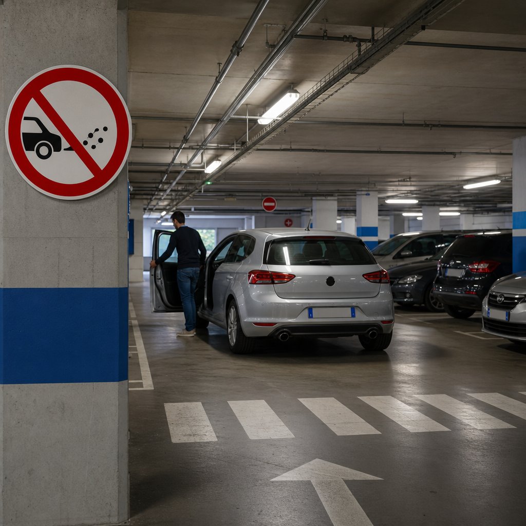 parking couvert en France avec voiture à l’arrêt, moteur coupé, conducteur sortant du véhicule, autres places occupées, éclairage réaliste, angle large montrant l’intérêt environnemental et sanitaire de ne pas laisser tourner le moteur