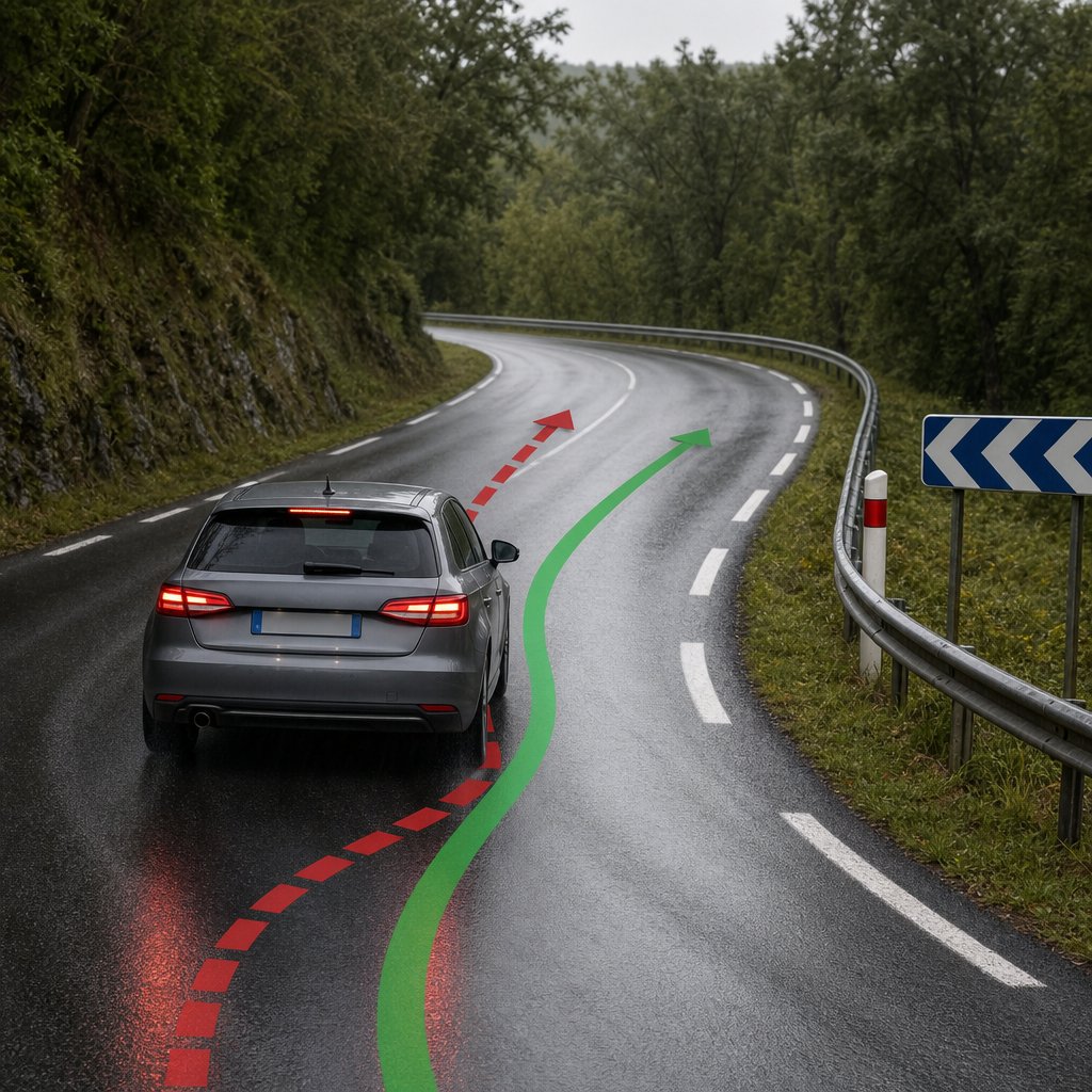 Vue trois-quarts arrière d'une voiture de tourisme sur route départementale française mouillée, entrant dans un virage. Représentation visuelle de la trajectoire voulue et de la trajectoire réelle, avec léger déport de l'arrière pour illustrer l'action de l'ESP. Marquage au sol visible, environnement réaliste, sans texte ajouté.