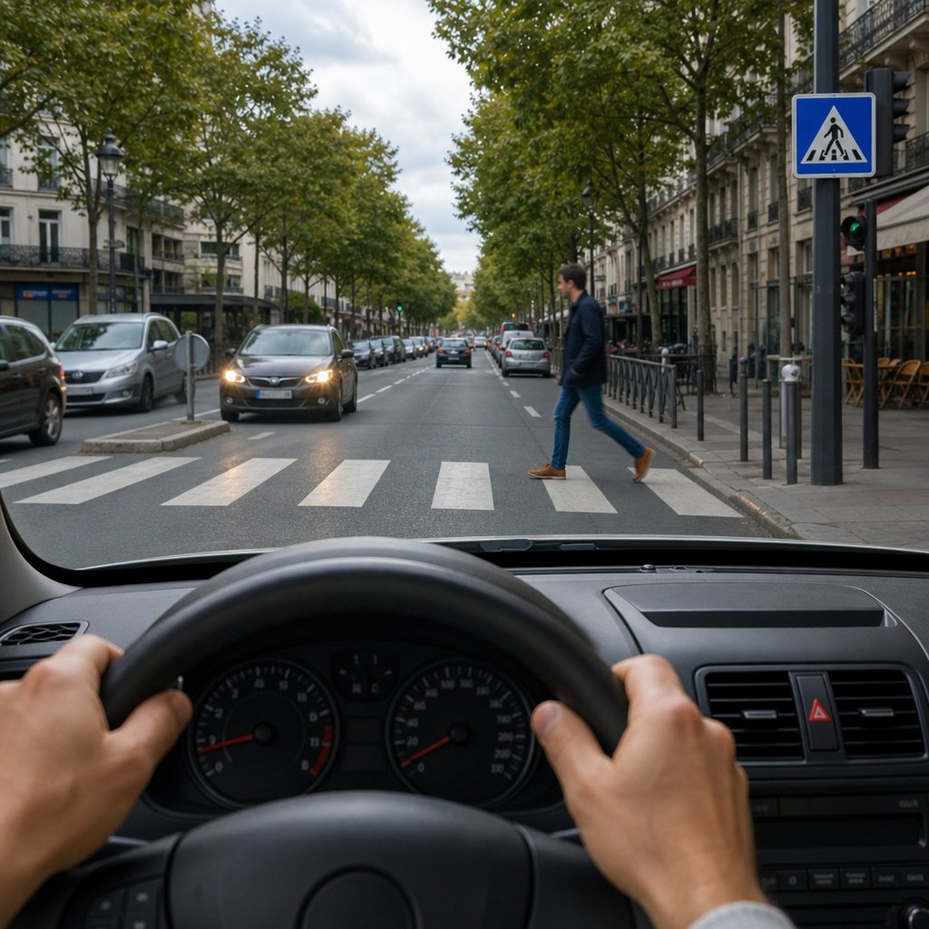 Scène urbaine française vue depuis l'habitacle, un conducteur freine d'urgence devant un passage piéton où un piéton s'engage soudainement. Mains sur le volant, circulation réaliste, marquages au sol français visibles, ambiance de réaction d'urgence. Sans texte ajouté.
