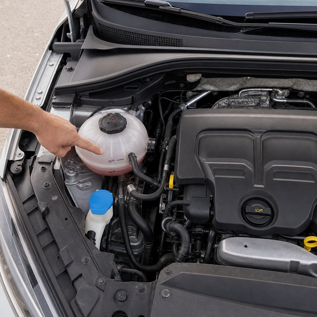 compartiment moteur d’une voiture, vue de dessus, main pointant le vase d’expansion translucide avec repères mini et maxi, bouchon fermé, contexte pédagogique clair sans texte ajouté