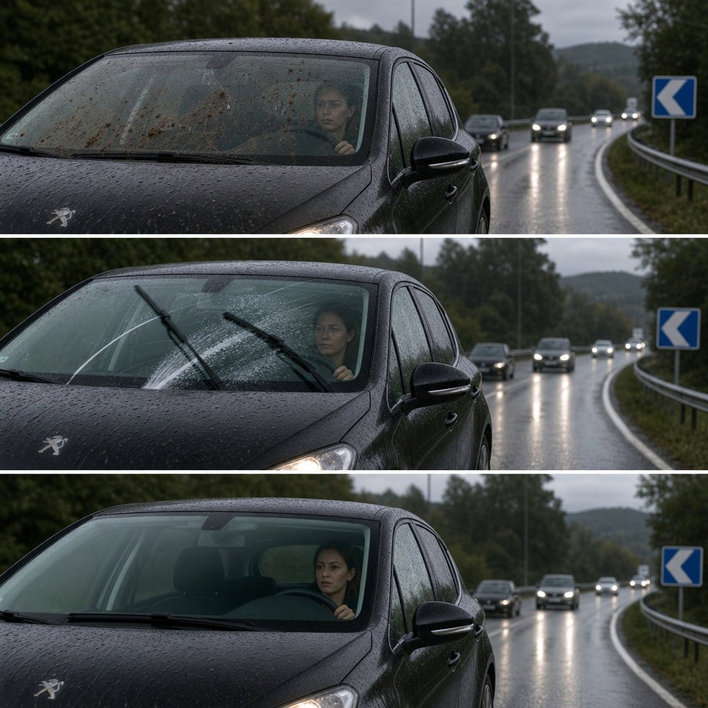 conducteur vu de trois quarts avant sur route mouillée française, projection de saletés sur le pare-brise, utilisation du lave-glace et essuie-glaces, visibilité qui se rétablit, circulation réaliste et sécurisée