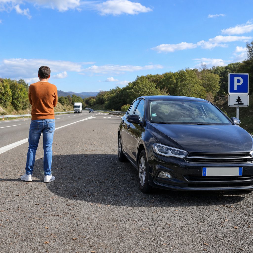 voiture arrêtée en sécurité sur une aire, capot fermé après alerte moteur chaud, conducteur à distance prudente attendant le refroidissement, contexte pédagogique de sécurité routière française