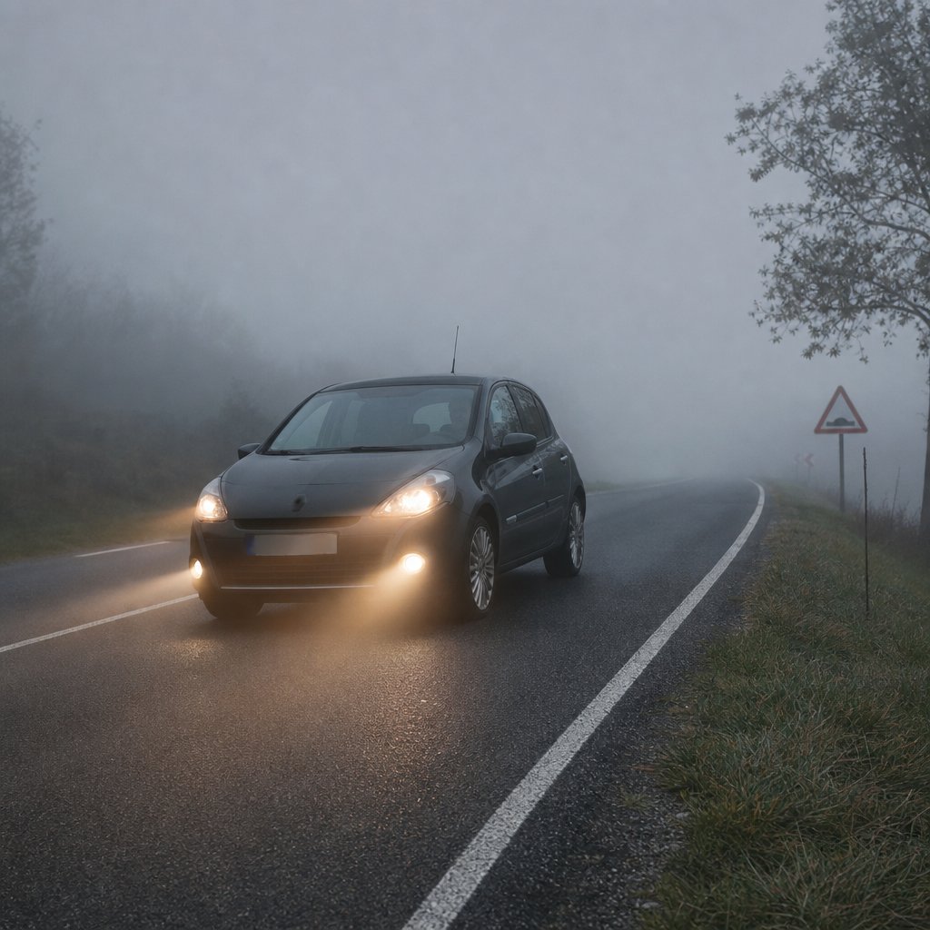 voiture vue de trois quarts avant sur route française dans un brouillard dense, feux de croisement et antibrouillards avant allumés, ligne de rive visible, environnement sobre sans texte, situation réaliste de mauvaise visibilité