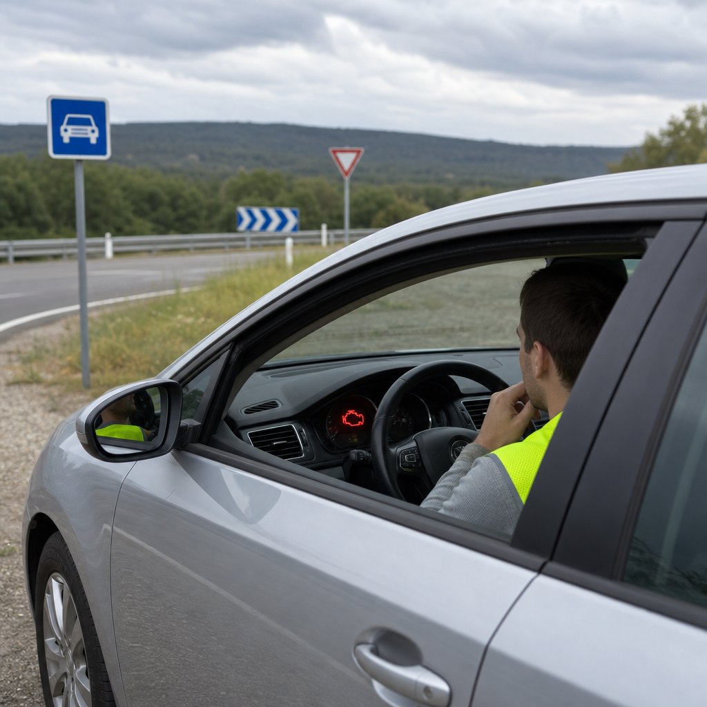conducteur débutant arrêté sur une aire sécurisée, observant un voyant rouge moteur coupé, gilet de sécurité visible dans l’habitacle, contexte route française hors agglomération, vue trois quarts intérieure-extérieure