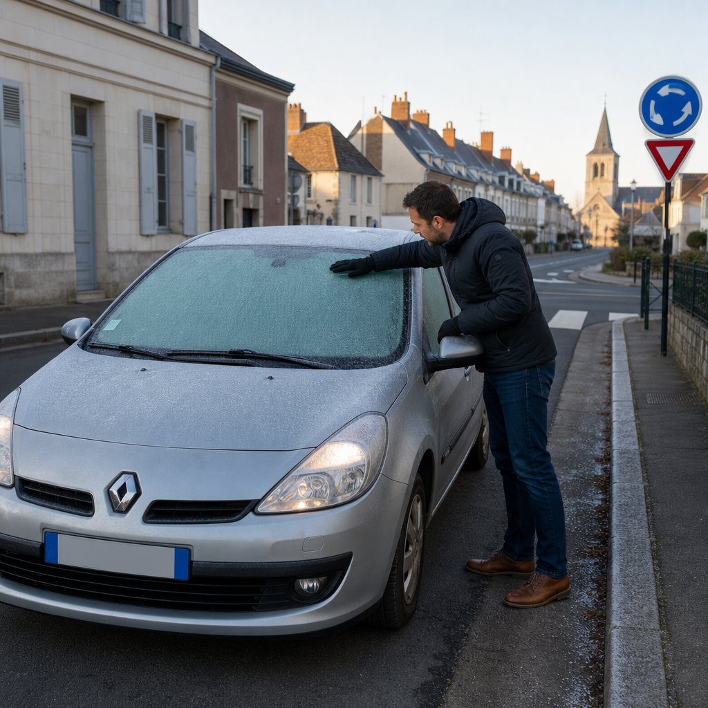 conducteur vérifiant pare-brise dégivré, rétroviseurs et essuie-glaces sur une voiture stationnée, vue trois-quarts avant, environnement urbain français, matin d'hiver, sans texte