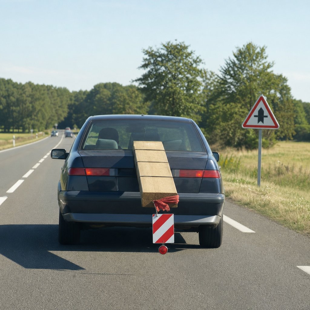 voiture vue arrière avec objet long dépassant du coffre, chargement correctement signalé, route française hors agglomération, visibilité claire, sans texte
