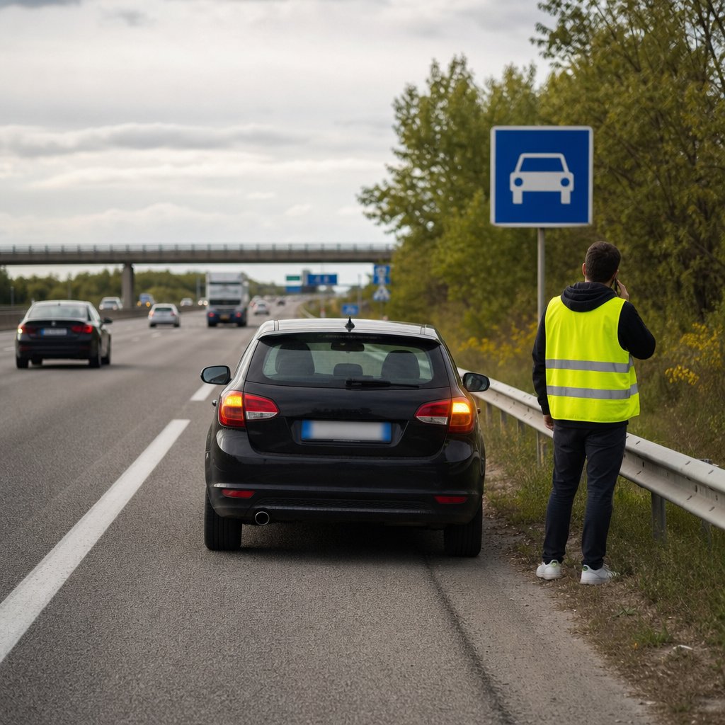 véhicule en panne sur bande d’arrêt d’urgence, feux de détresse allumés, conducteur portant un gilet jaune derrière la glissière de sécurité, autoroute française, circulation à gauche du cadre