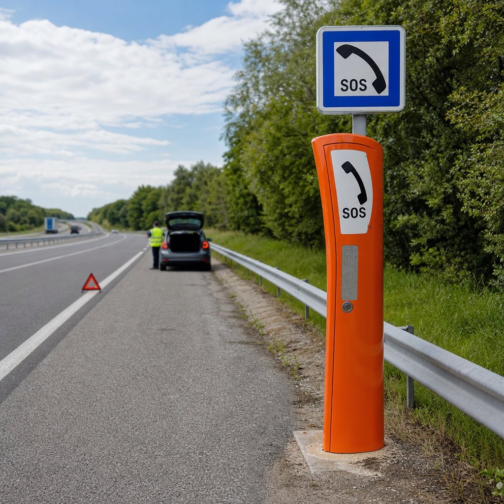 panneau officiel d’appel d’urgence autoroutier français, bord d’autoroute, borne orange visible, glissière de sécurité, contexte de dépannage sécurisé