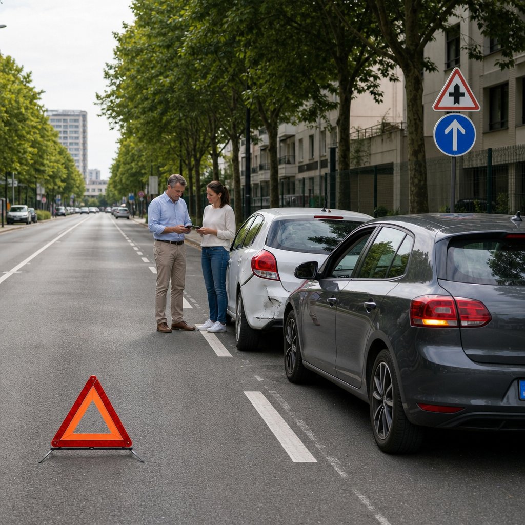 Accident matériel léger sur une route urbaine française, deux voitures arrêtées en sécurité sur le côté, conducteurs calmes échangeant des informations, un triangle posé en amont, environnement réaliste sans blessés, angle trois-quarts montrant la chaussée et la position des véhicules