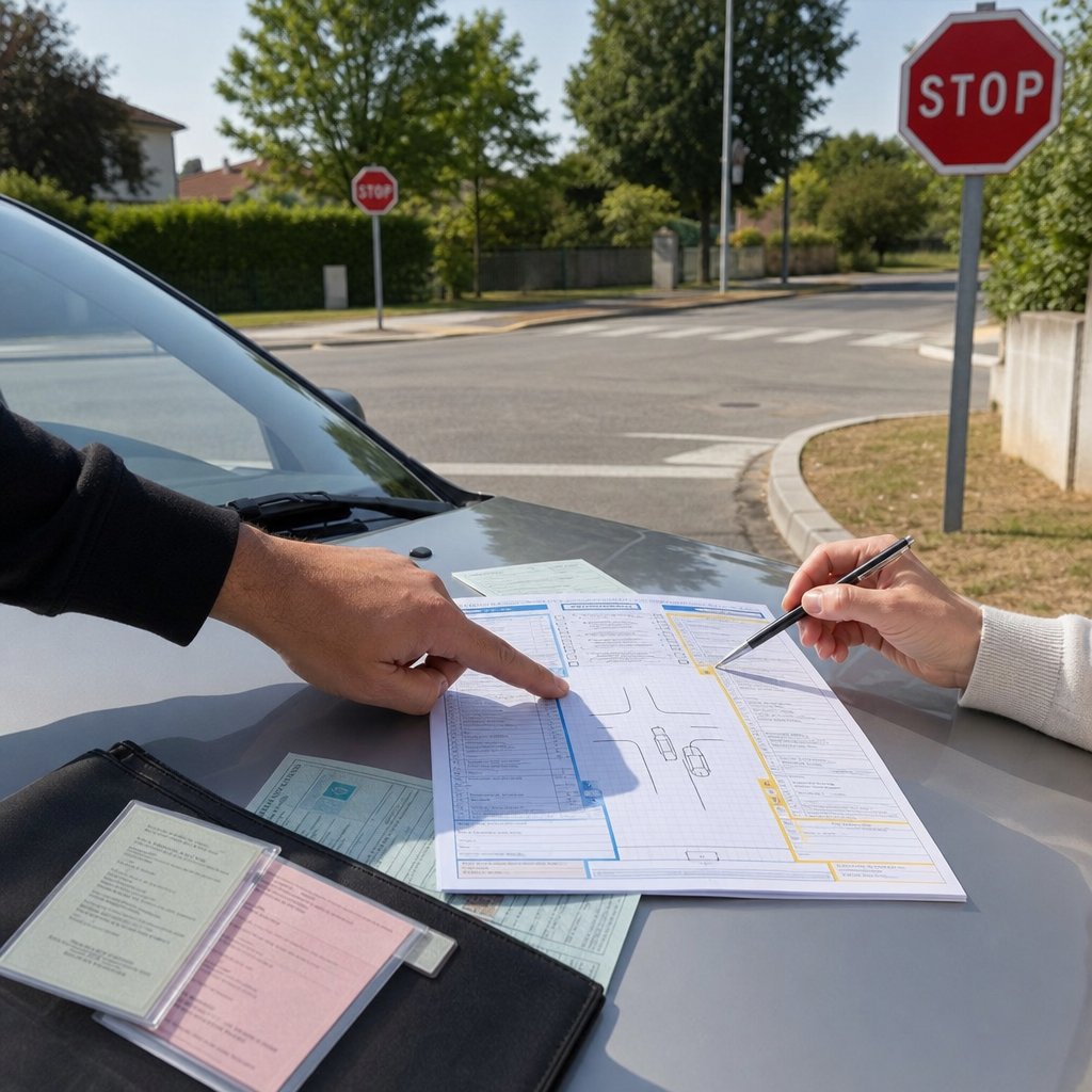Vue du dessus d’un constat amiable en cours de remplissage sur le capot d’une voiture, deux conducteurs pointant un croquis simple d’intersection française avec panneaux stop officiels visibles à proximité, stylos, cartes grises et attestations posées proprement