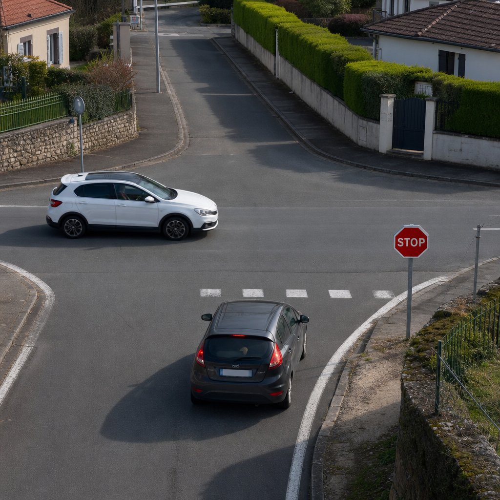 Intersection française vue en légère hauteur, une voiture franchit un stop sans marquer l’arrêt tandis qu’une autre circule prioritairement, instant précédant un risque de collision, panneau STOP officiel bien visible, marquage au sol net, contexte pédagogique réaliste