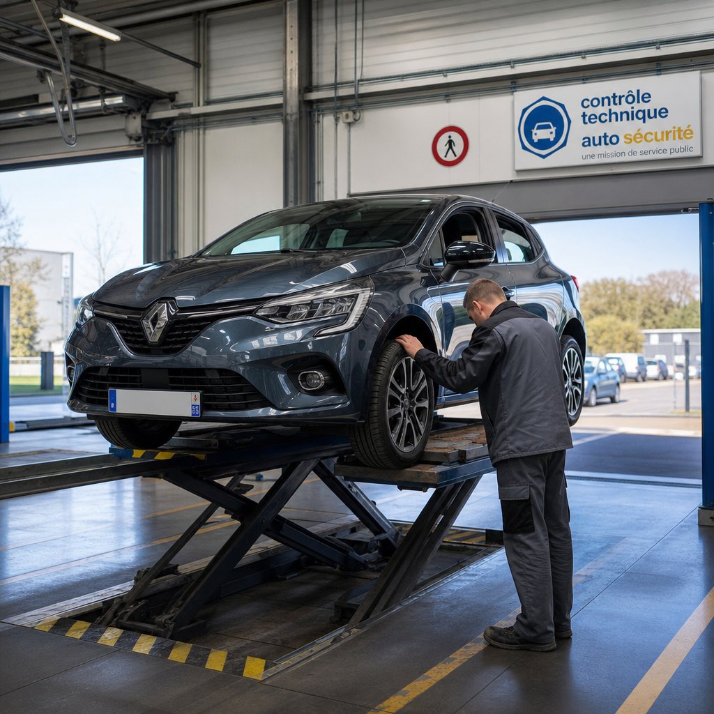 véhicule particulier dans un centre de contrôle technique français, vu trois-quarts avant, contrôleur examinant une roue sur un pont élévateur, environnement réaliste, signalétique sobre de centre agréé, lumière neutre, scène pédagogique montrant l’inspection d'une voiture