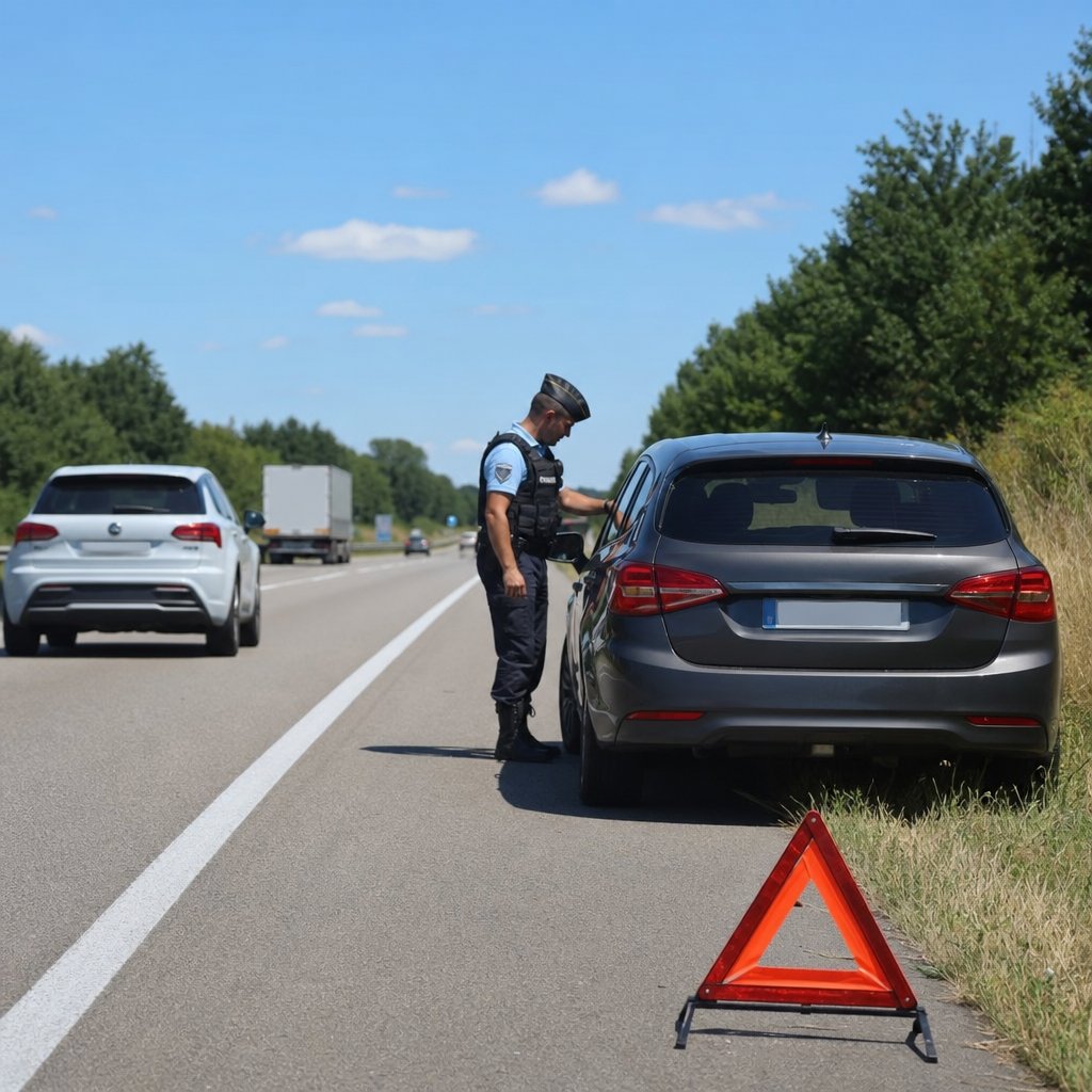 contrôle routier en France sur accotement sécurisé, voiture particulière arrêtée, gendarme observant l’état du véhicule, angle latéral montrant triangle de présignalisation et circulation en arrière-plan, scène réaliste de sécurité routière sans texte ajouté