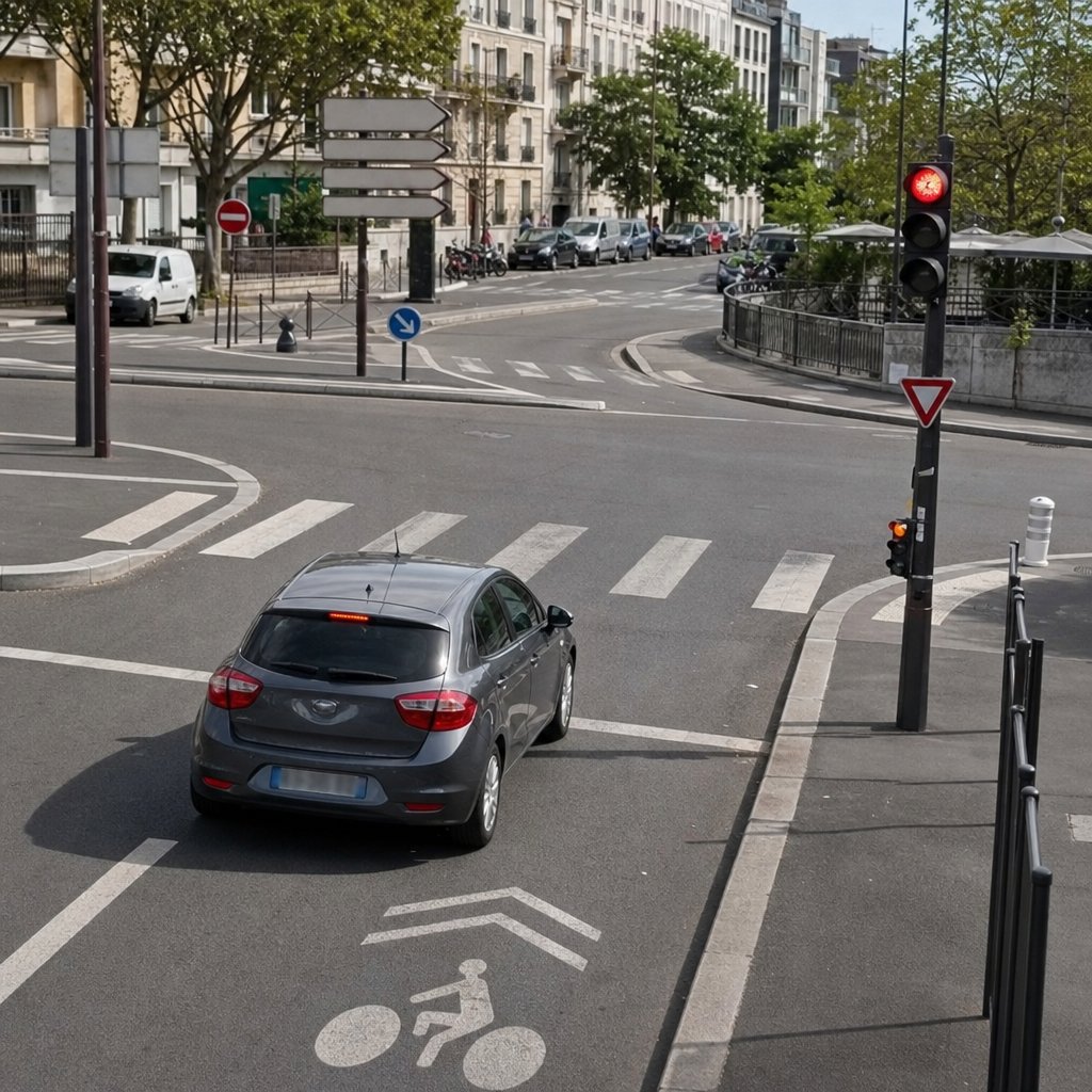 carrefour urbain français vu en légère plongée, une voiture franchit la ligne d'effet alors que le feu tricolore est rouge, marquages au sol visibles, passage piéton, ambiance réaliste d'examen du code