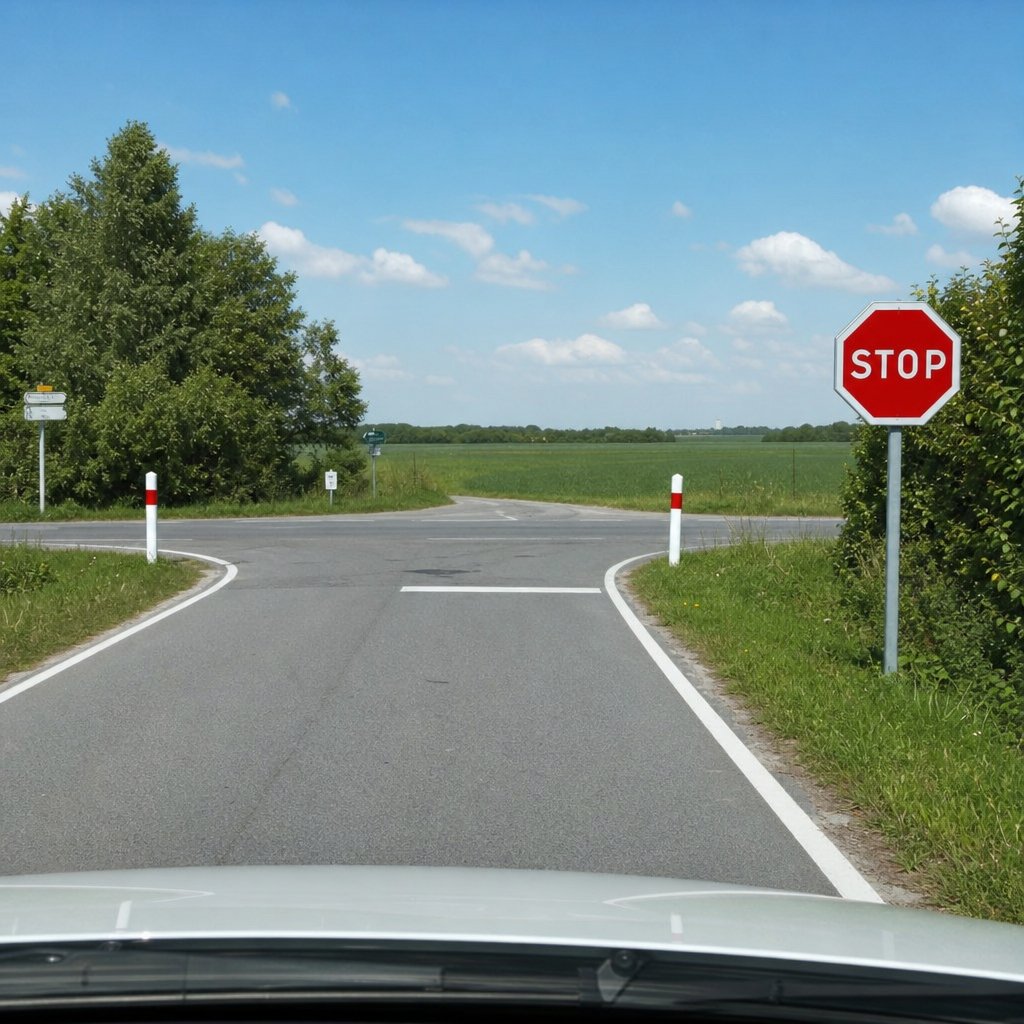 panneau STOP officiel français au bord d'une intersection de campagne, ligne d'arrêt au sol nette, visibilité latérale, voiture approchant doucement, lumière de jour naturelle