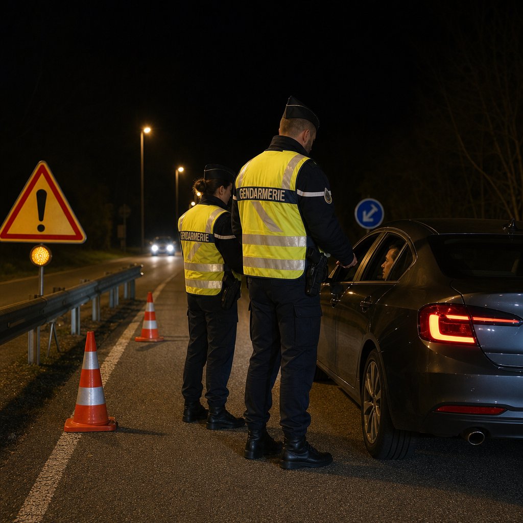 contrôle routier français de nuit, gendarmes en gilet haute visibilité contrôlant un automobiliste au bord de la chaussée, véhicule arrêté, cônes de signalisation, contexte pédagogique sur sanctions routières
