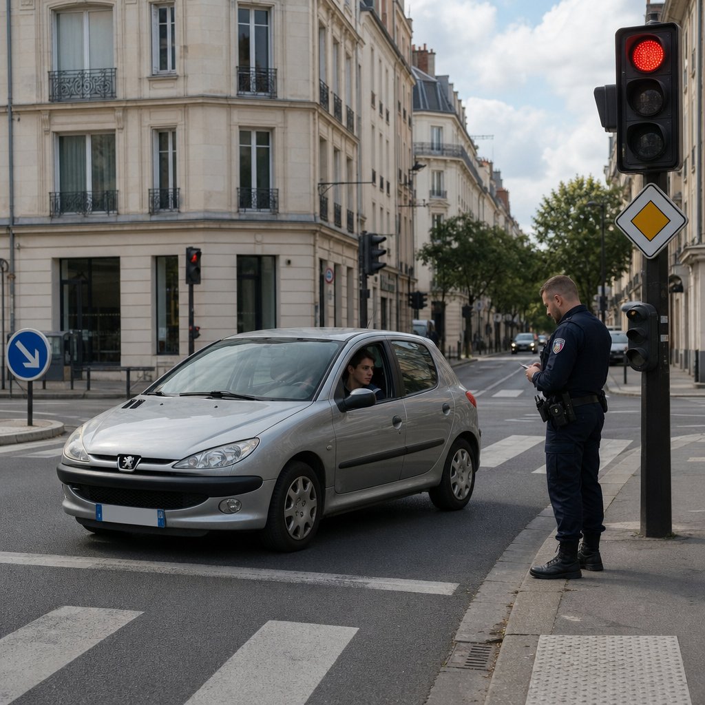 jeune conducteur arrêté en agglomération française après un feu rouge grillé, vue trois quarts avant d'une voiture légère au niveau d'un carrefour avec feu tricolore officiel visible, agent de police au bord de la route, environnement urbain réaliste, marquages au sol français, scène pédagogique sans texte