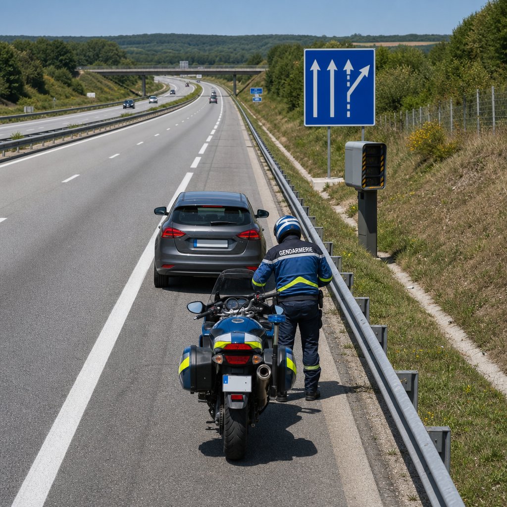 contrôle routier français sur autoroute, voiture légère arrêtée sur bande d'arrêt d'urgence sécurisée, motocycliste de la gendarmerie et radar visibles, perspective arrière légèrement surélevée, glissières et panneaux autoroutiers français, scène réaliste pédagogique sans texte