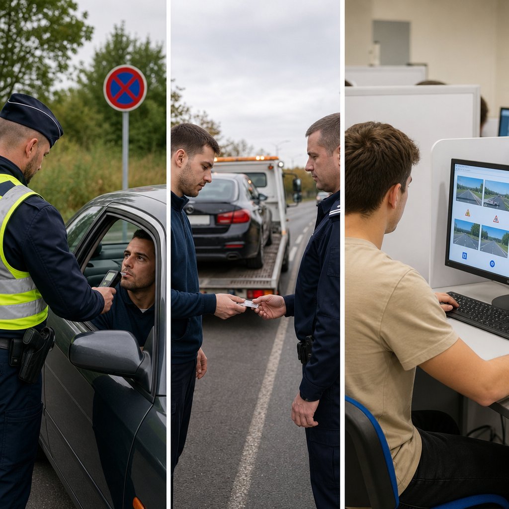 tableau visuel pédagogique en situation réelle montrant trois scènes côte à côte sans texte, 1 contrôle d'alcoolémie, 2 automobiliste remettant son permis lors d'une rétention, 3 candidat repassant l'examen du code dans un centre français, style photo réaliste explicatif