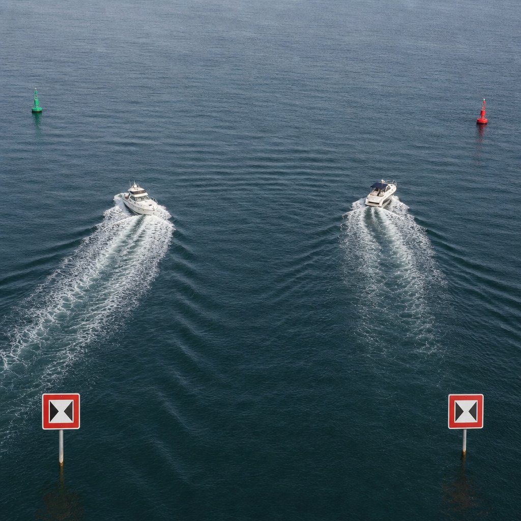 Deux bateaux à moteur se rencontrent presque de face en mer calme, chacun abat franchement sur tribord pour se croiser en sécurité, vue aérienne légèrement oblique montrant les trajectoires divergentes et l'espace laissé entre les unités