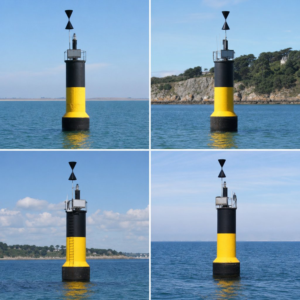 Quatre balises cardinales officielles en mer, chacune isolée dans son secteur d'eau saine, vue claire de jour montrant couleurs noir-jaune et marques de sommet à deux cônes noirs, sans texte ajouté, contexte de navigation côtière française
