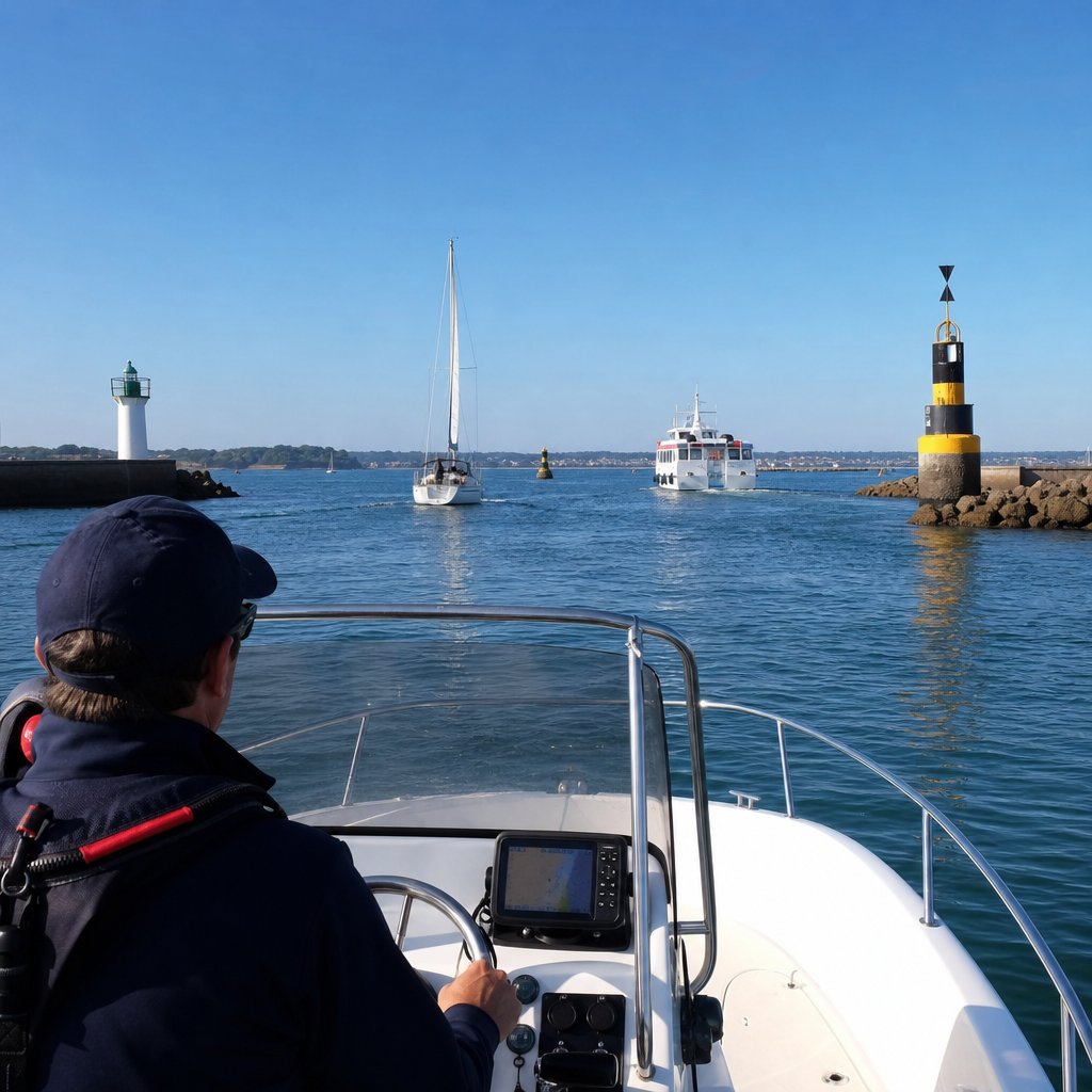 Petit bateau à moteur en sortie de port français, chenal balisé avec une balise cardinale protégeant un haut-fond, plusieurs usagers visibles dont voilier et navette, angle depuis l'arrière du pilote montrant la décision de rester sur tribord et de laisser passer