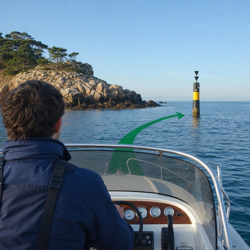 Bateau à moteur de plaisance en approche d'une balise cardinale près d'une zone rocheuse côtière française, vue depuis l'arrière du pilote, montrant la décision de route pour laisser la balise du bon côté, mer peu agitée, ciel clair, repère côtier naturel sans texte