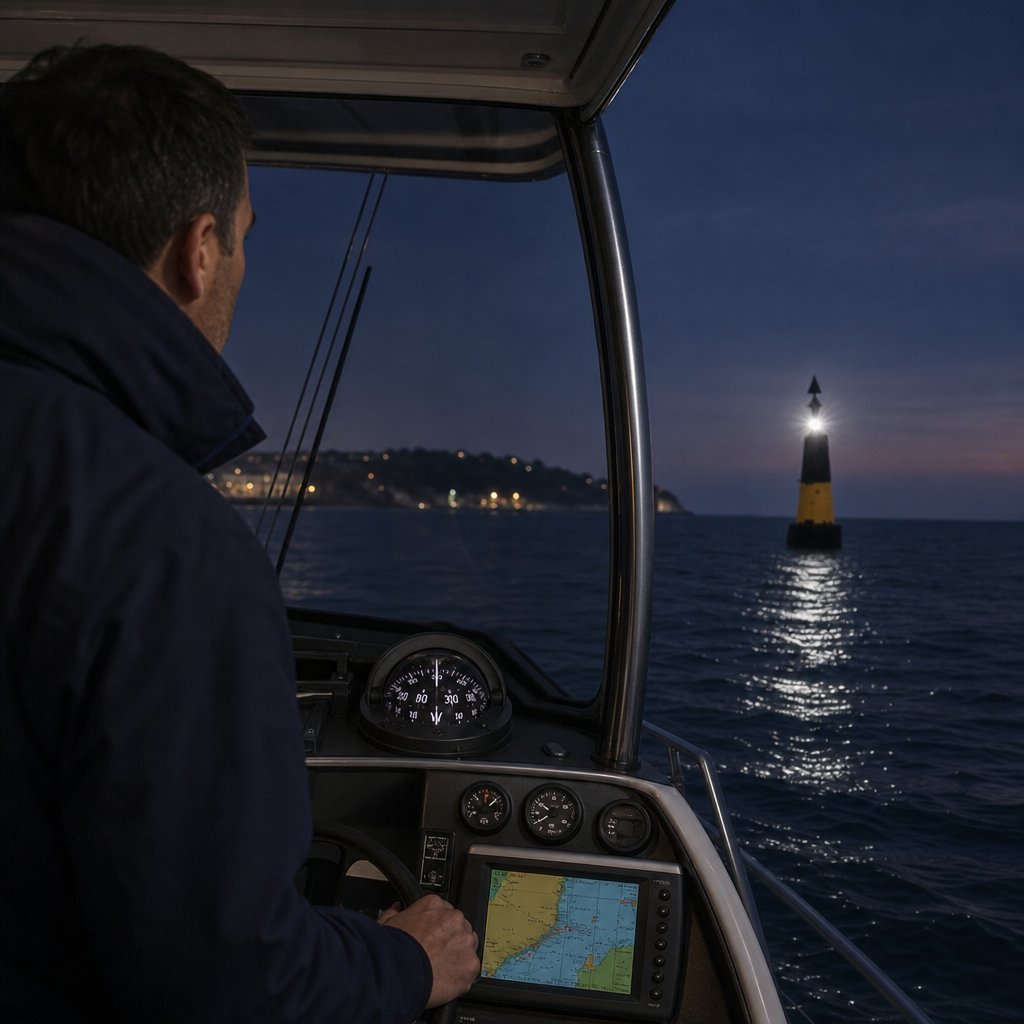 Navigation de nuit en vedette côtière, barreur observant au loin une balise cardinale avec feu blanc scintillant, environnement marin sombre mais lisible, compas visible au poste de pilotage, situation réaliste d’identification d’un balisage dangereux près d’une côte française