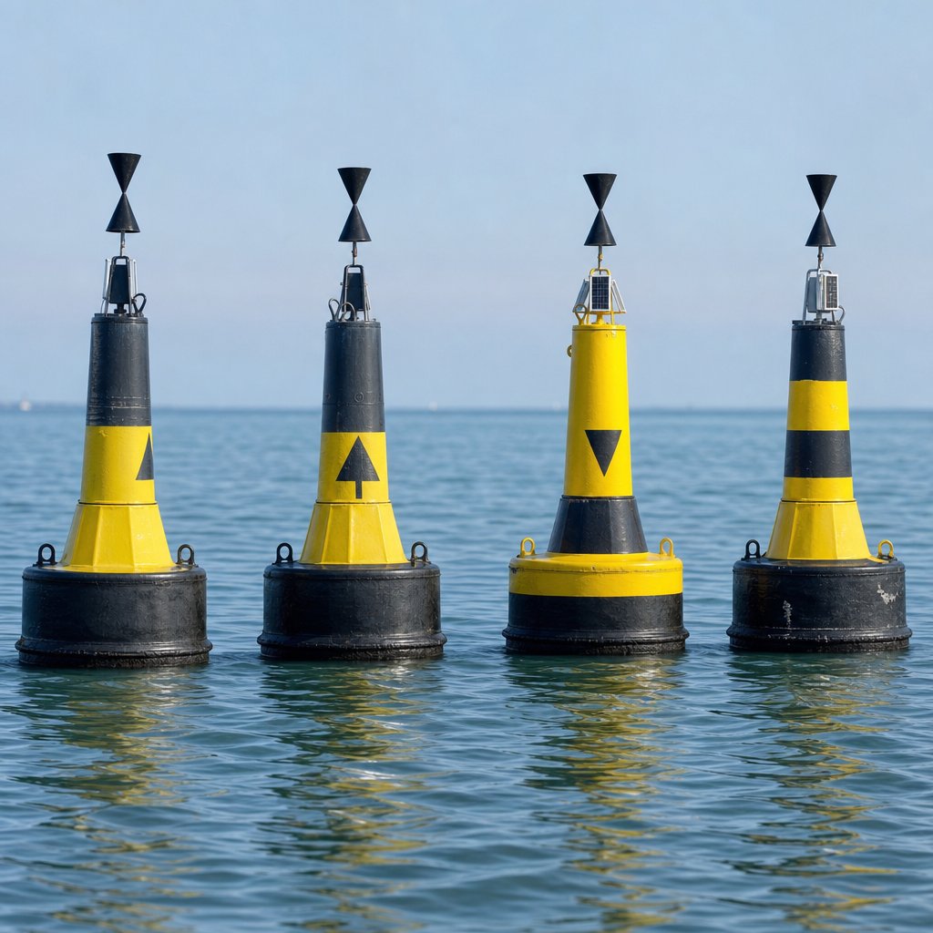 Vue pédagogique de quatre balises cardinales en mer calme, alignées séparément, montrant clairement les couleurs noir/jaune et les deux cônes noirs de chaque type nord, est, sud, ouest. Angle légèrement surélevé, fond marin simple, sans texte ajouté, style réaliste pour apprentissage nautique français.