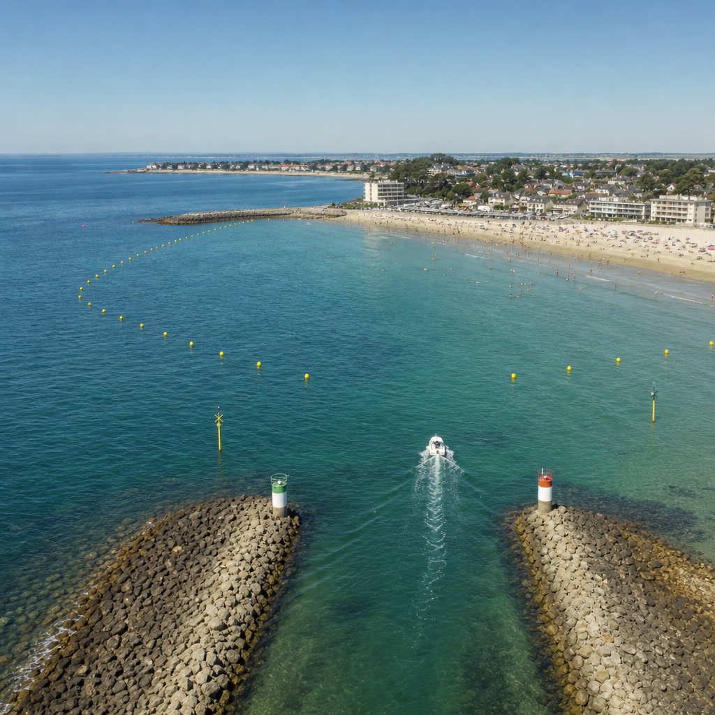 vue aérienne d’une plage française avec ligne de bouées jaunes marquant la bande des 300 mètres, zone de baignade et chenal d’accès pour bateaux clairement séparés