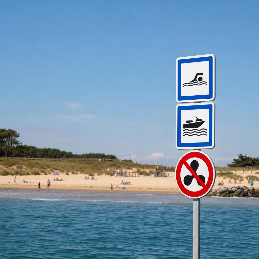 panneaux officiels de plage en France sur un mât, avec pictogrammes baignade, chenal pour embarcations et interdiction moteur, visibles depuis l’arrivée d’un bateau
